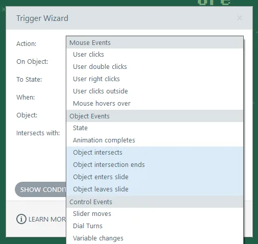 Finestra Trigger Wizard di Storyline 360 con elenco di eventi oggetto e mouse per la creazione di trigger personalizzati