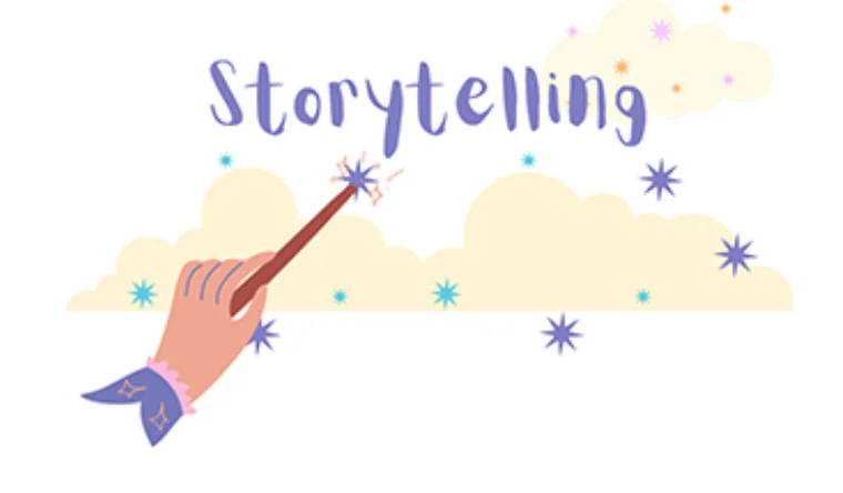 Mano con bacchetta magica che scrive storytelling tra nuvole e stelle per rappresentare la narrazione nei corsi online