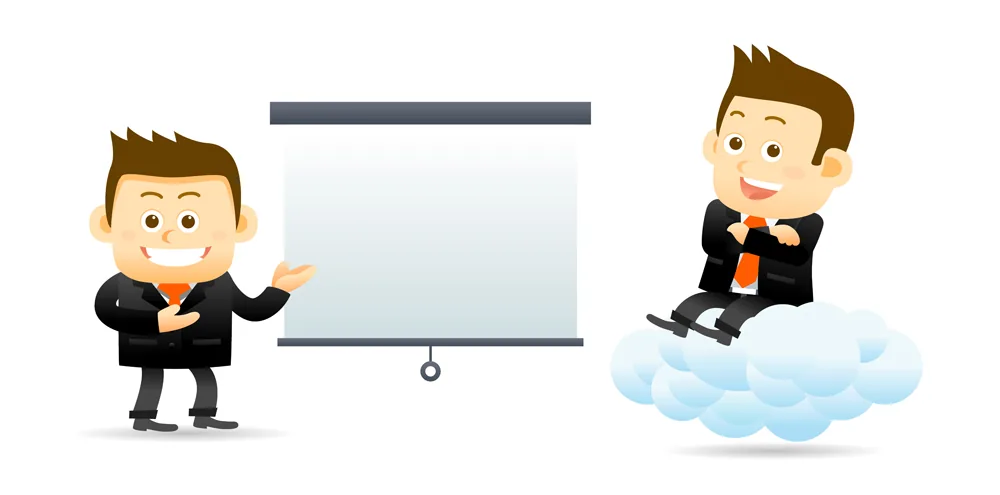 Due personaggi cartoon in abito formale illustrano autonomia e centralità dell’allievo nell’e-learning