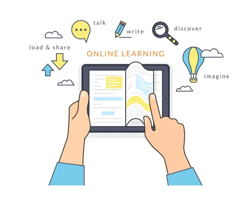 Due mani sfogliano un libro digitale su tablet, circondate da icone che rappresentano attività tipiche dell’e-learning