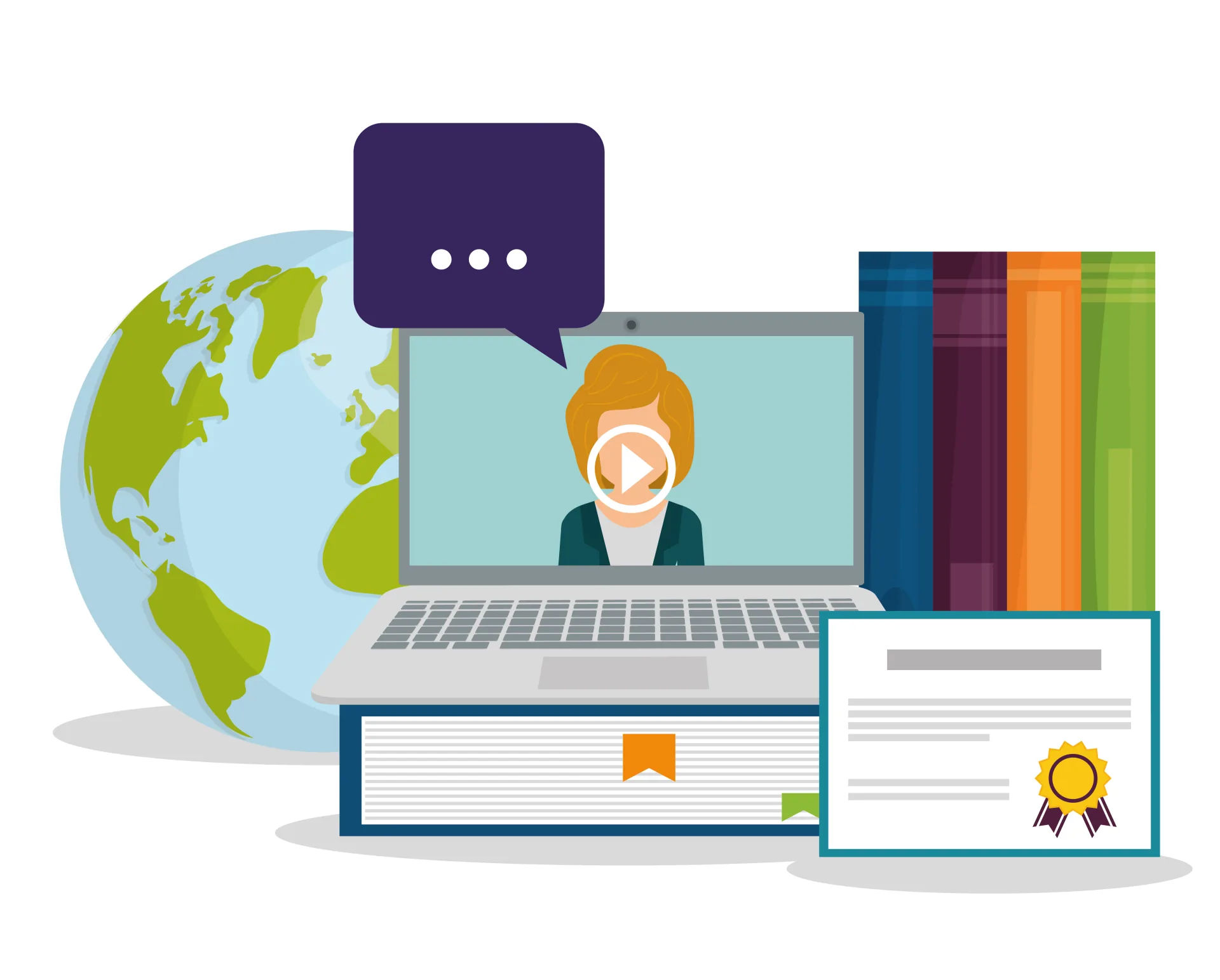 Laptop con video tutorial, libri, certificato e globo rappresentano formazione e-learning efficace e veloce