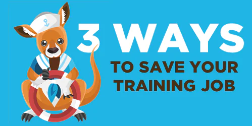 Canguro marinaio con salvagente accanto al testo 3 ways to save your training job, simbolo di sicurezza nel lavoro elearning