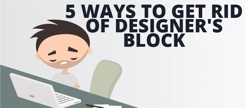 Un personaggio animato dall’aria sconsolata davanti a un laptop rappresenta il blocco creativo nel design eLearning