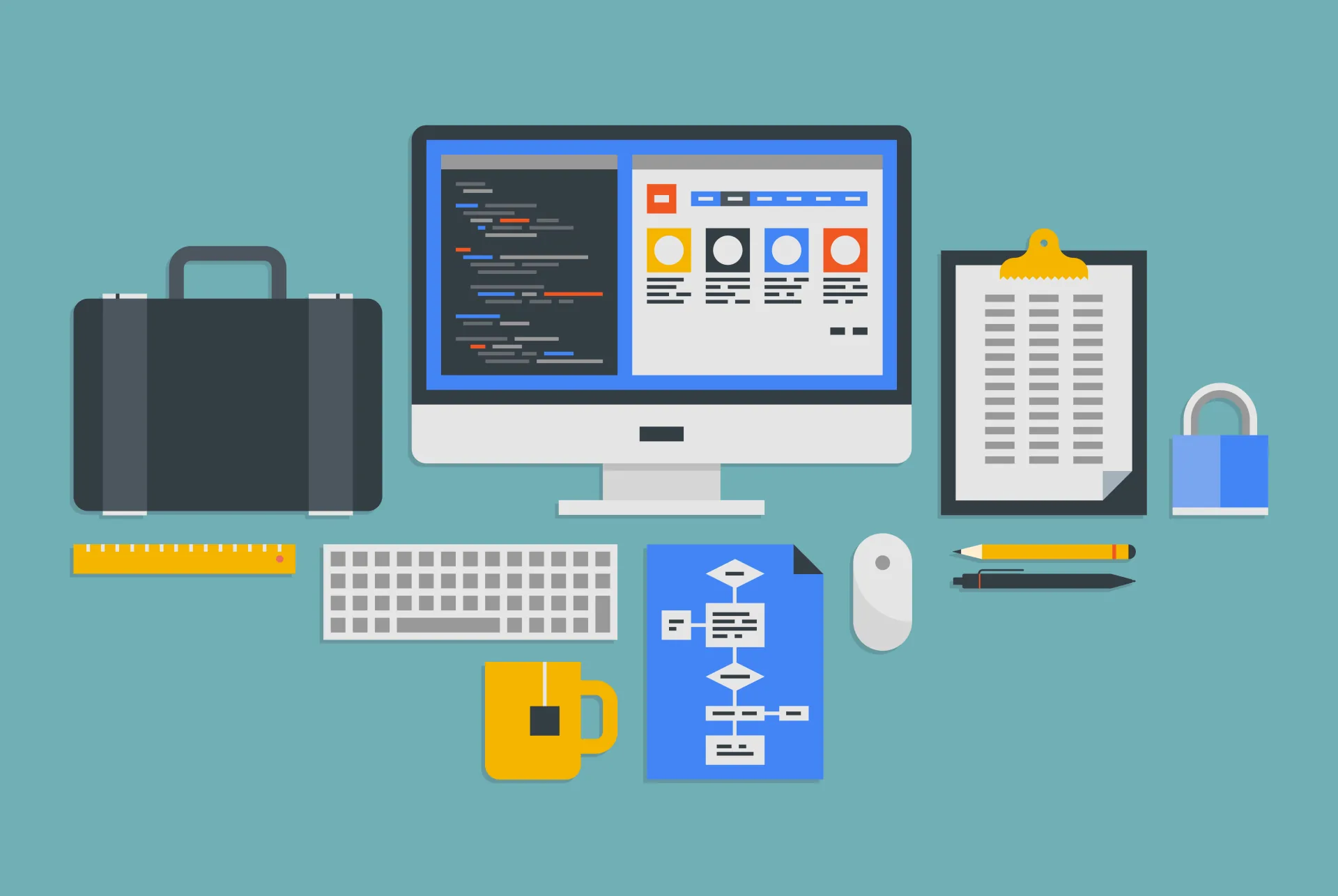 Scrivania con computer, tastiera, documenti e strumenti digitali per la comunicazione e-learning