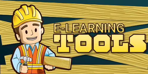 Personaggio cartoon con casco e attrezzi da lavoro accanto alla scritta E-learning Tools su sfondo di assi di legno