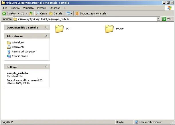 Finestra di Esplora risorse con due cartelle denominate LO e source per organizzare i file di un progetto e-learning