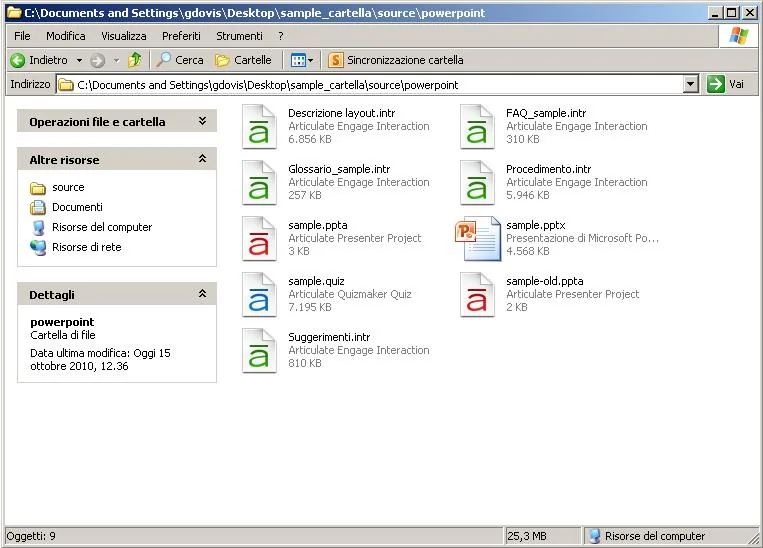 Cartella di progetto e-learning con file Articulate Engage, Presenter, Quizmaker e PowerPoint organizzati per la gestione