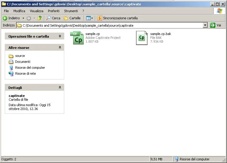 Finestra di Esplora Risorse con file Adobe Captivate organizzati in una cartella di progetto e-learning