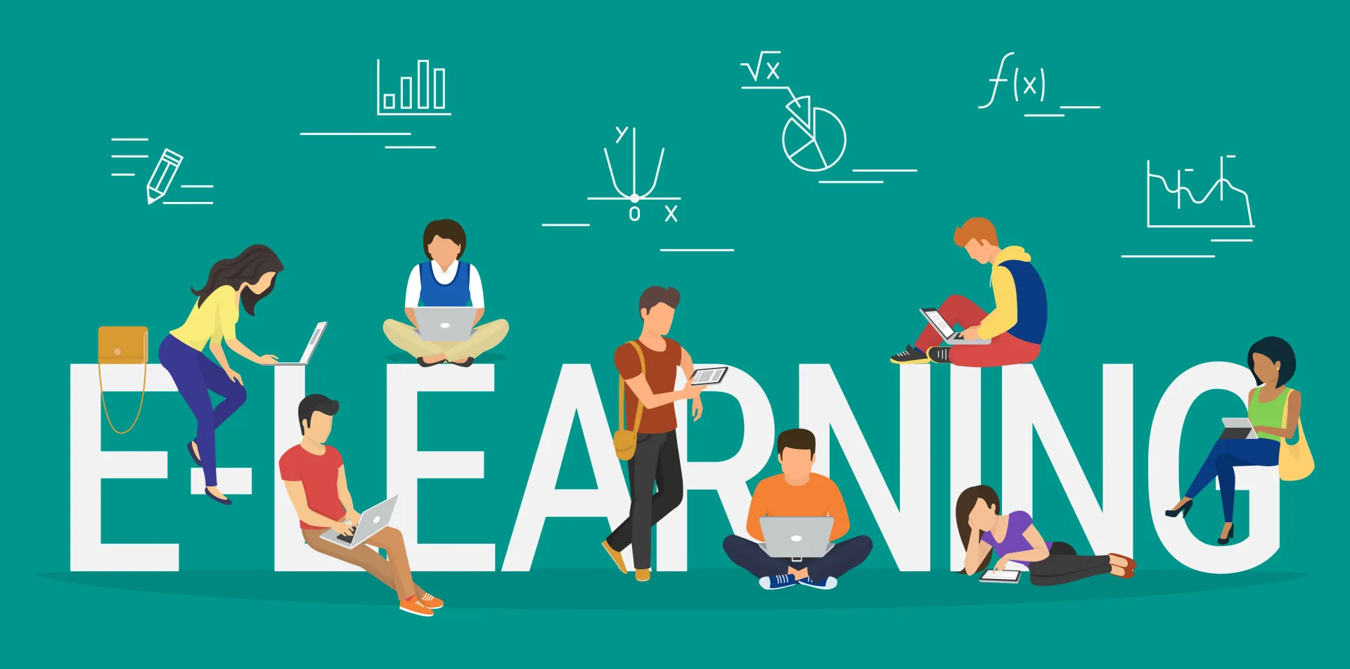 Illustrazione di studenti di diverse etnie e stili di apprendimento seduti sulla scritta E-LEARNING con dispositivi digitali
