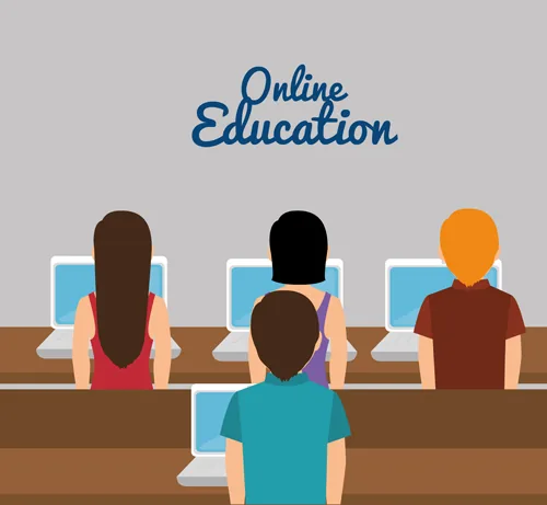 Quattro studenti seduti davanti a computer in aula virtuale con la scritta Online Education