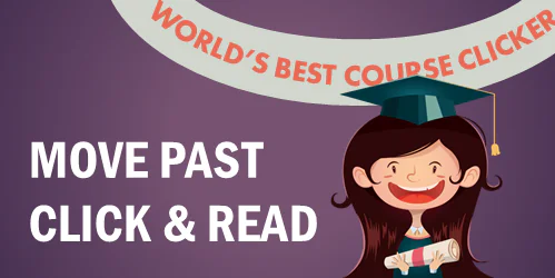Studentessa con tocco e diploma sotto uno striscione world's best course clicker e testo move past click & read