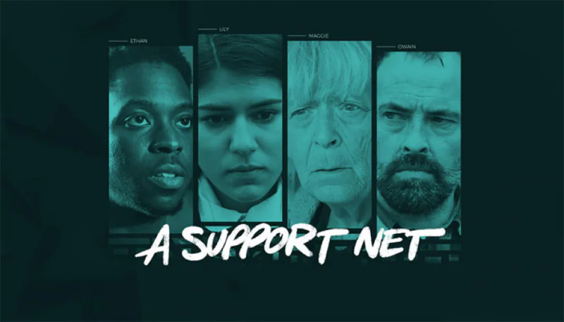 Quattro ritratti dei personaggi Ethan, Lily, Maggie e Owain con il titolo A Support Net, esempio di video immersivo