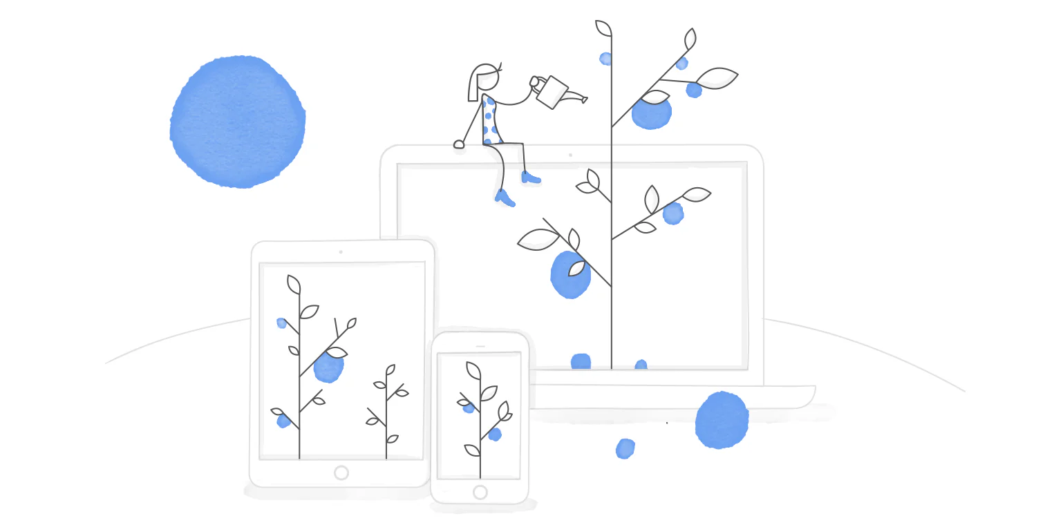 Illustrazione di laptop, tablet e smartphone con una pianta che cresce sugli schermi, simbolo di e-learning multi-dispositivo