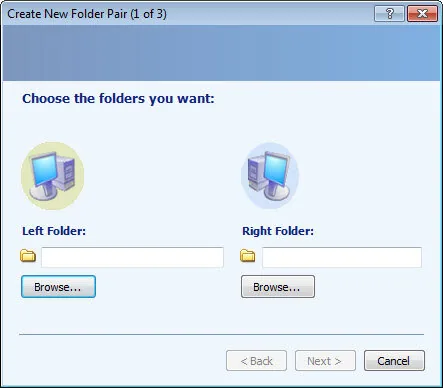Finestra di SyncToy che permette di selezionare due cartelle da sincronizzare automaticamente per il backup dei file