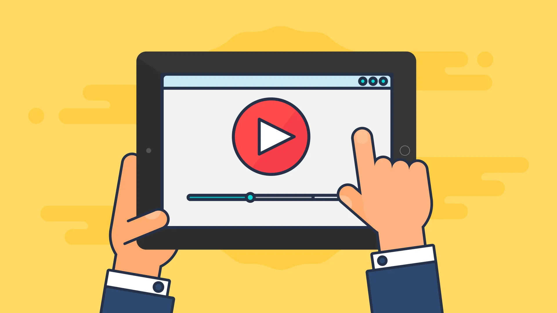 Due mani tengono un tablet con un video player attivo, simbolo della fruizione di contenuti didattici su dispositivi mobili