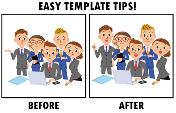 Due vignette mostrano un gruppo di persone in ufficio prima e dopo l’applicazione di suggerimenti per template eLearning