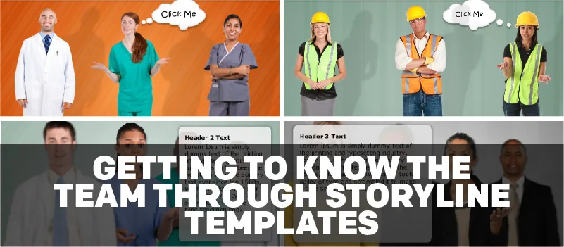 Professionisti in divisa sanitaria e da cantiere illustrano ruoli aziendali con fumetti interattivi per onboarding Storyline