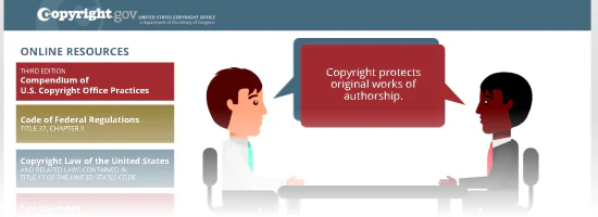 Due personaggi animati discutono di copyright in un template interattivo per e-learning