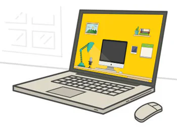 Laptop con schermo che mostra un desktop virtuale con icone cliccabili di computer, lampada, microfono, libri e calendario