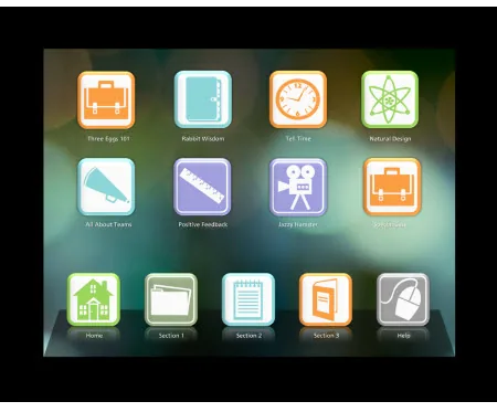 Schermata di un template e-learning in stile iPad con icone cliccabili per navigare tra sezioni e funzioni del corso