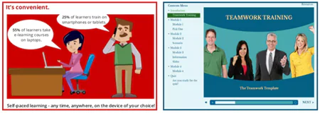 Due esempi di template eLearning gratuiti Articulate mostrano uno stile illustrato e uno fotografico per corsi digitali