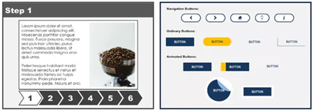 Due esempi di template gratuiti per eLearning con step numerati e pulsanti di navigazione creati in Articulate Storyline