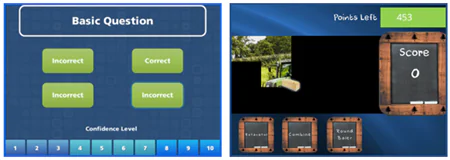 Due esempi di template eLearning interattivi creati con Articulate Storyline che mostrano quiz e giochi a punti