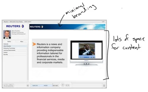 Interfaccia di un corso e-learning con branding aziendale ridotto e ampio spazio dedicato ai contenuti