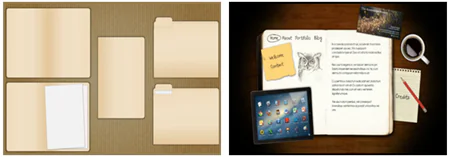 Due esempi di template eLearning: uno con cartelle e fogli, l'altro con scrivania digitale e strumenti di lavoro