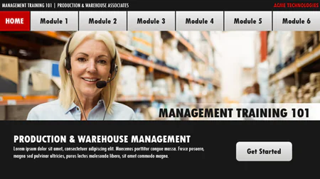 Template eLearning con menu a schede, colori aziendali, immagine di donna in magazzino e pulsante interattivo