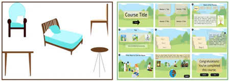 Esempio di template eLearning gratuito per PowerPoint con elementi grafici di arredo e schermate di corso digitale