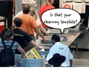 Persone in fila al controllo aeroportuale con un agente TSA che chiede se un oggetto è un template e-learning
