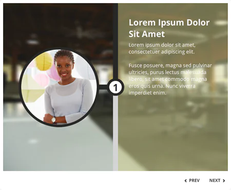 Esempio di slide e-learning con timeline interattiva, immagine di personaggio e testo descrittivo