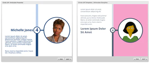 Due schermate di un template e-learning con timeline e personaggi, una con foto reale e una con illustrazione