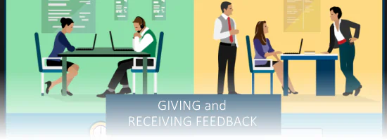 Due scene di ufficio con persone che discutono e lavorano al computer, tema feedback nei template eLearning