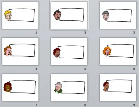 Nove slide PowerPoint con volti in stile fumetto e riquadri vuoti per inserire callout o dialoghi nei corsi digitali