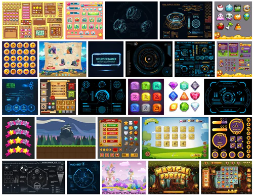 Raccolta di interfacce grafiche ispirate ai videogiochi con badge, pulsanti e indicatori per corsi elearning gamificati