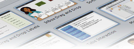 Anteprima di diversi template gratuiti per PowerPoint e Storyline con esempi di interazioni drag and drop e tab