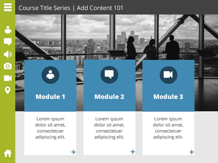 Anteprima di un template e-learning gratuito con tre moduli e sfondo di ufficio moderno, utile per corsi digitali