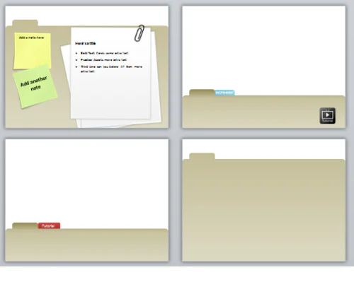 Quattro diapositive di un template PowerPoint a tema cartella per creare job aid o corsi eLearning con note adesive e schede