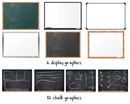 Varie lavagne digitali e elementi grafici disegnati a mano per creare template personalizzati in PowerPoint