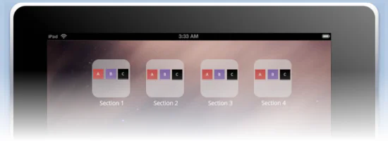 Interfaccia utente in stile iPad con quattro icone di sezioni per un template di menu nidificato in PowerPoint o Storyline