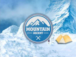 Logo Mountain Ascent su sfondo di montagne innevate con tenda e attrezzatura da scalata, tema avventura per eLearning