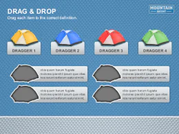 Esempio di slide interattiva drag and drop a tema montagna con tende colorate in un template Articulate Storyline