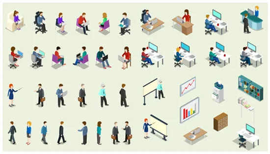 Illustrazione di vari personaggi e ambienti d’ufficio usati nei template di onboarding per nuovi assunti