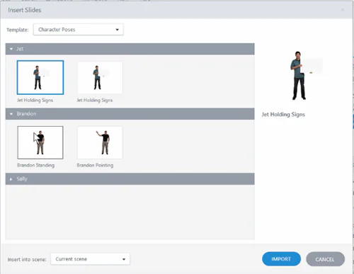 Finestra di inserimento slide con selezione di pose di personaggi predefiniti in Articulate 360 per corsi e-learning