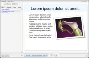 Slide di esempio di un template PowerPoint con testo segnaposto e immagine decorativa, mostrato in ambiente Articulate Engage