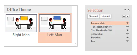 Due layout di slide PowerPoint con personaggi seduti e box di dialogo colorati, affiancati al pannello di selezione oggetti
