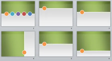 Sei diapositive PowerPoint con sfondo verde e cerchi colorati che evidenziano sezioni diverse del template eLearning