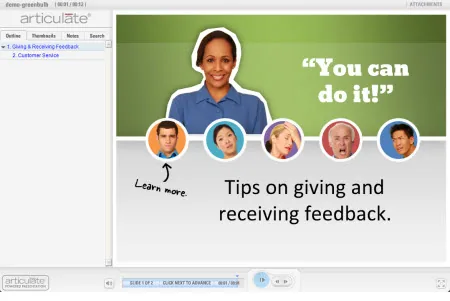 Slide di un corso eLearning in PowerPoint con personaggi e suggerimenti su come dare e ricevere feedback